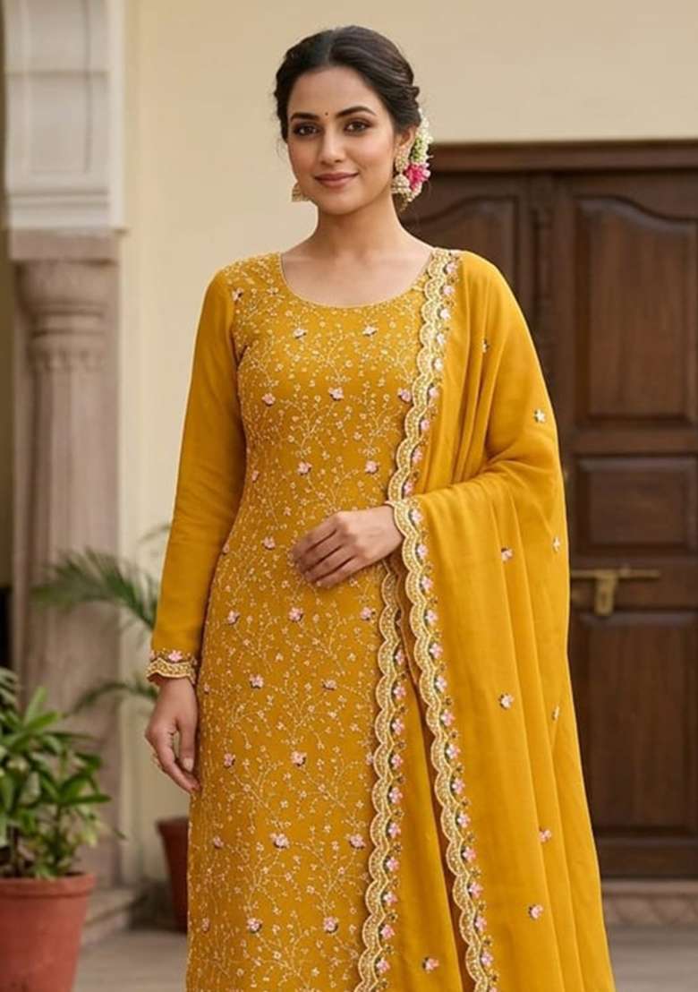 Mustard Embroidered Silk Kurta Set - Indya
