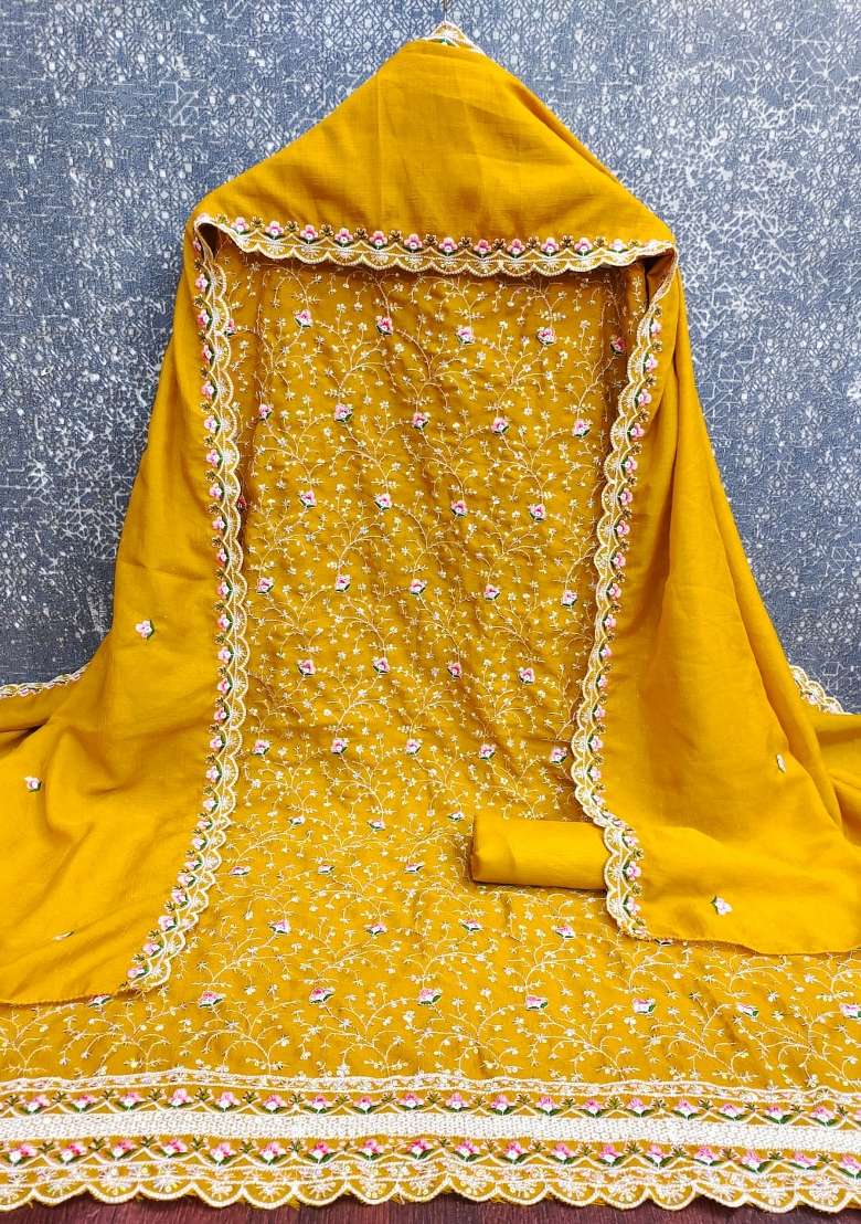 Mustard Embroidered Silk Kurta Set - Indya