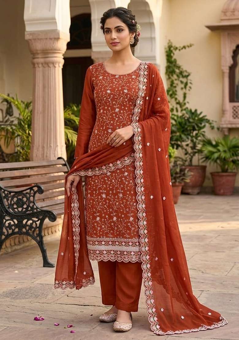 Rust Embroidered Silk Kurta Set - Indya