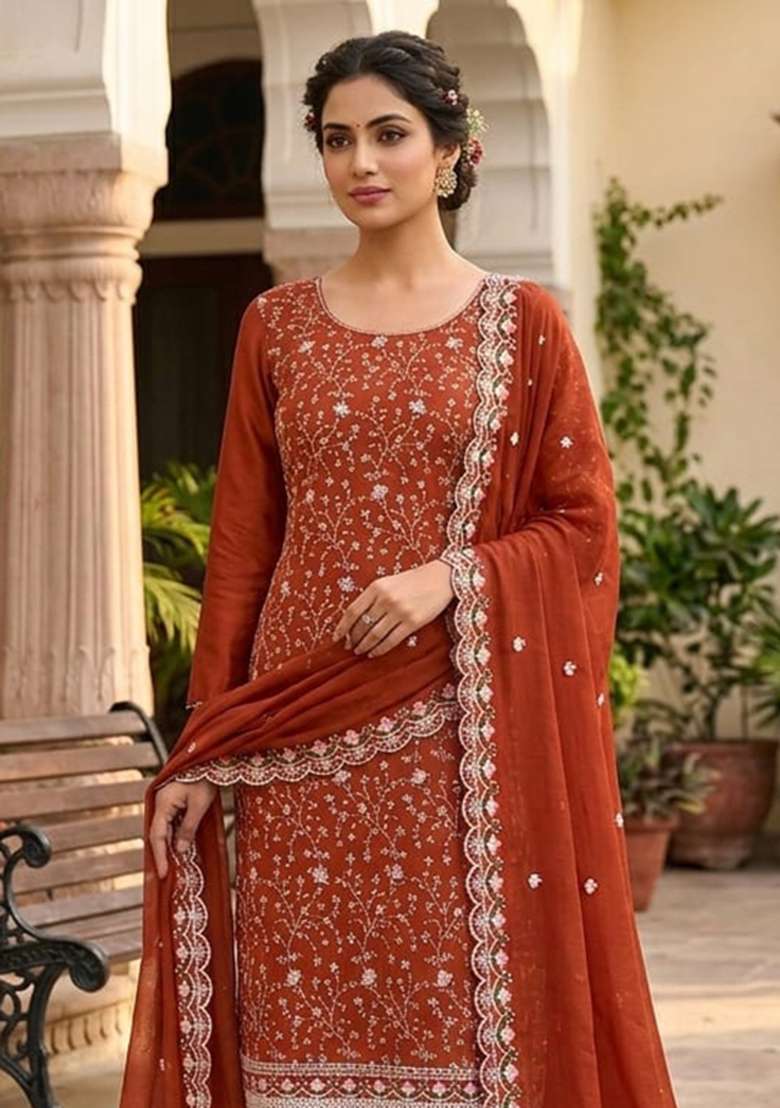 Rust Embroidered Silk Kurta Set - Indya
