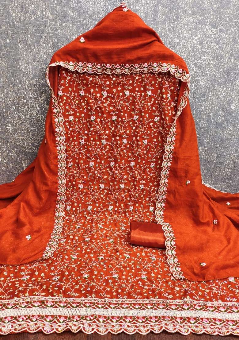 Rust Embroidered Silk Kurta Set - Indya