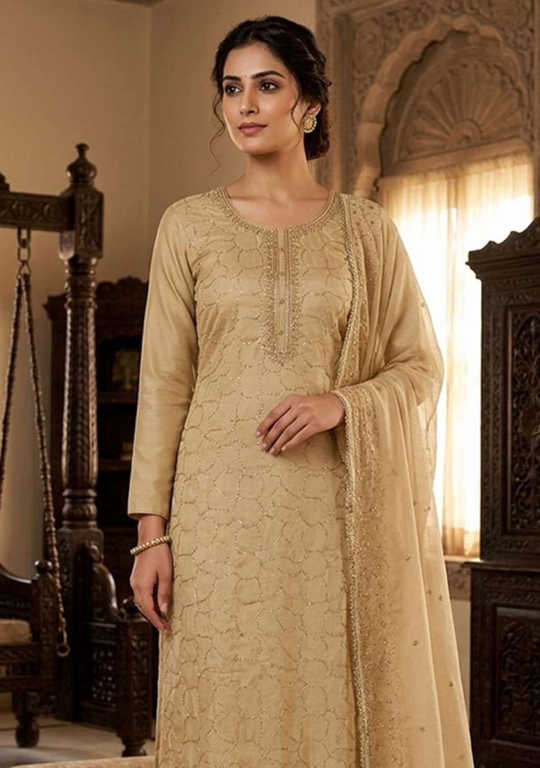 Beige Embroidered Cotton Kurta Set - Indya