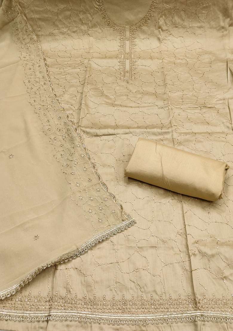 Beige Embroidered Cotton Kurta Set - Indya
