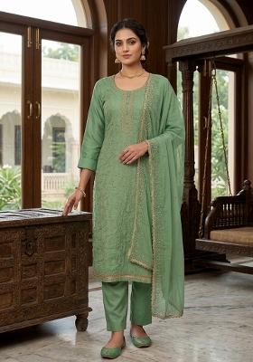 Sea Green Embroidered Cotton Kurta Set