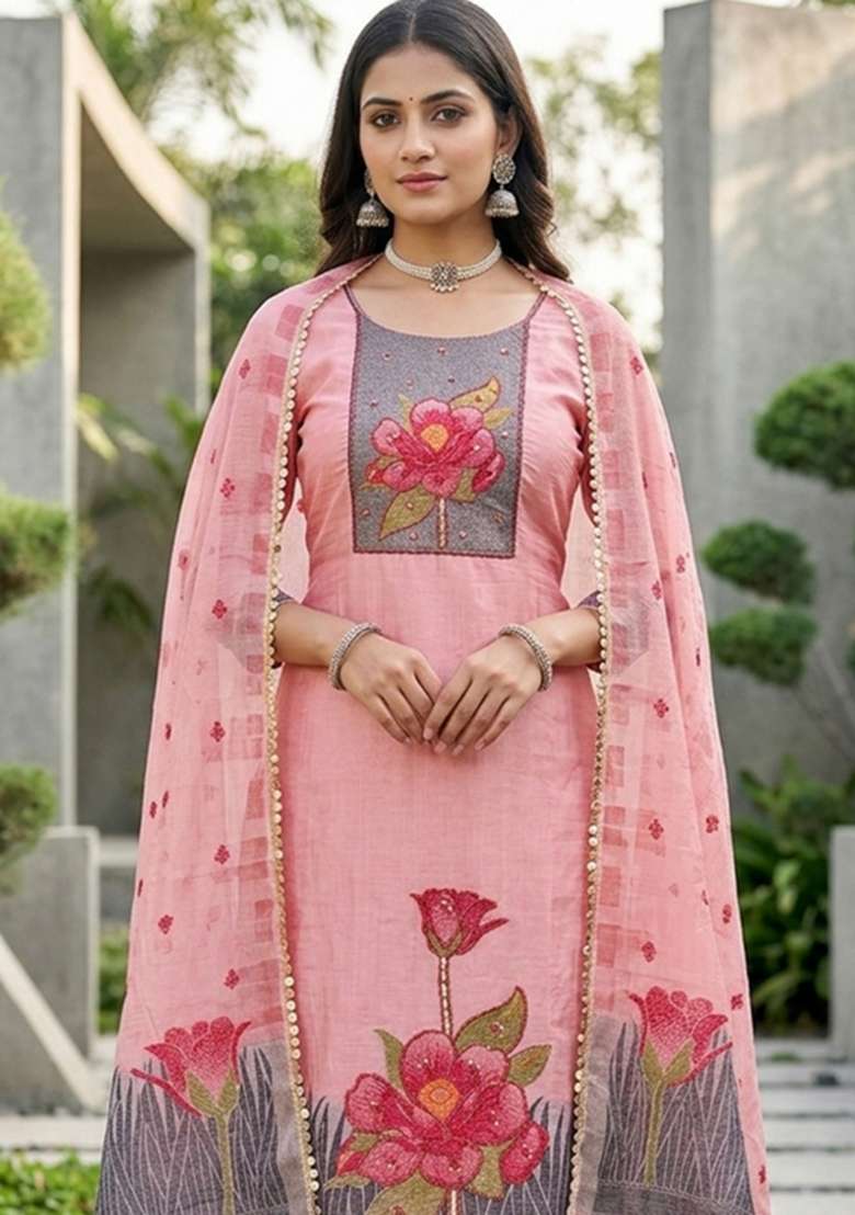 Baby Pink Handwork Cotton Kurta Set - Indya