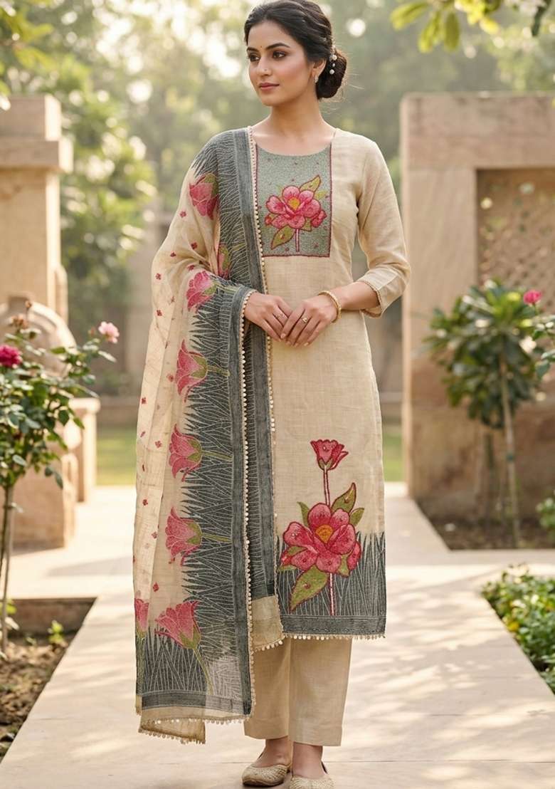 Beige Handwork Cotton Kurta Set - Indya