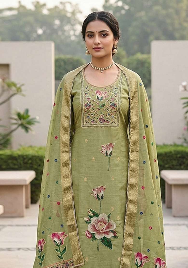 Light Green Handwork Cotton Kurta Set - Indya