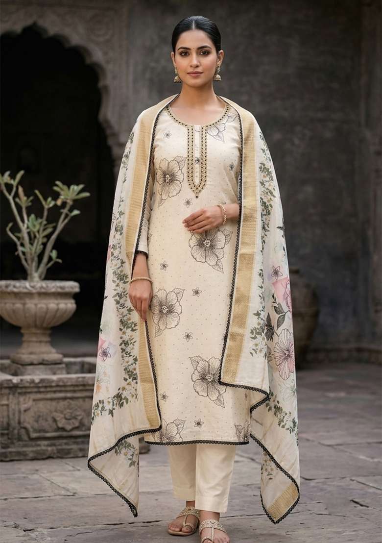 Beige Printed Cotton Kurta Set - Indya