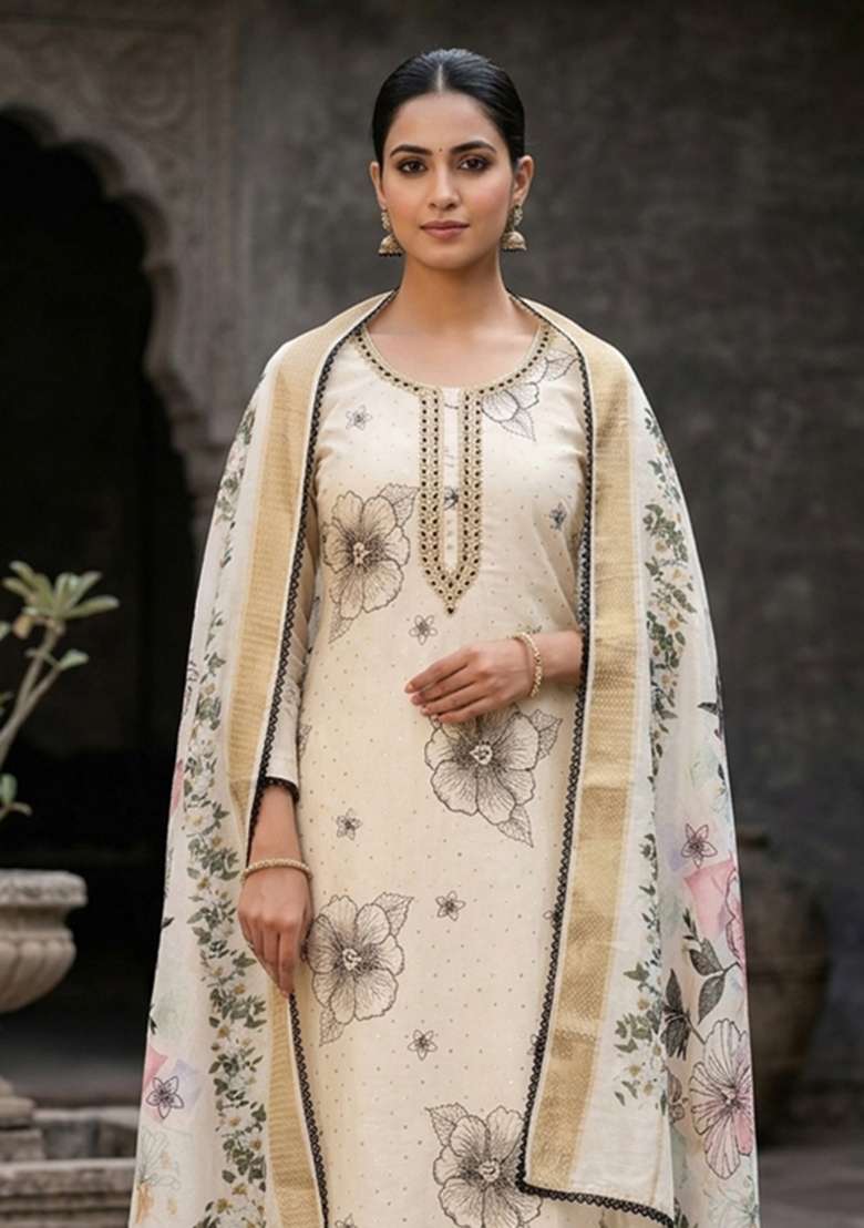 Beige Printed Cotton Kurta Set - Indya
