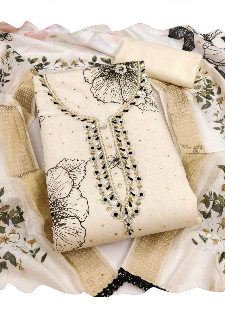 Beige Printed Cotton Kurta Set - Indya