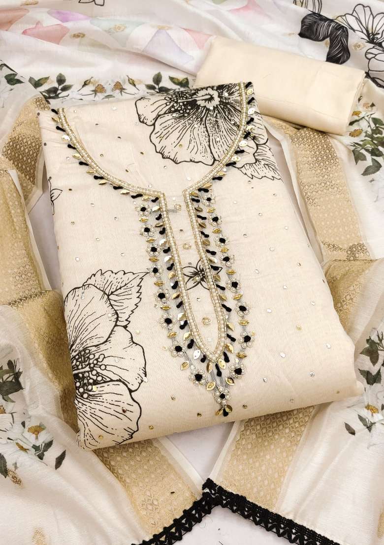 Beige Printed Cotton Kurta Set - Indya
