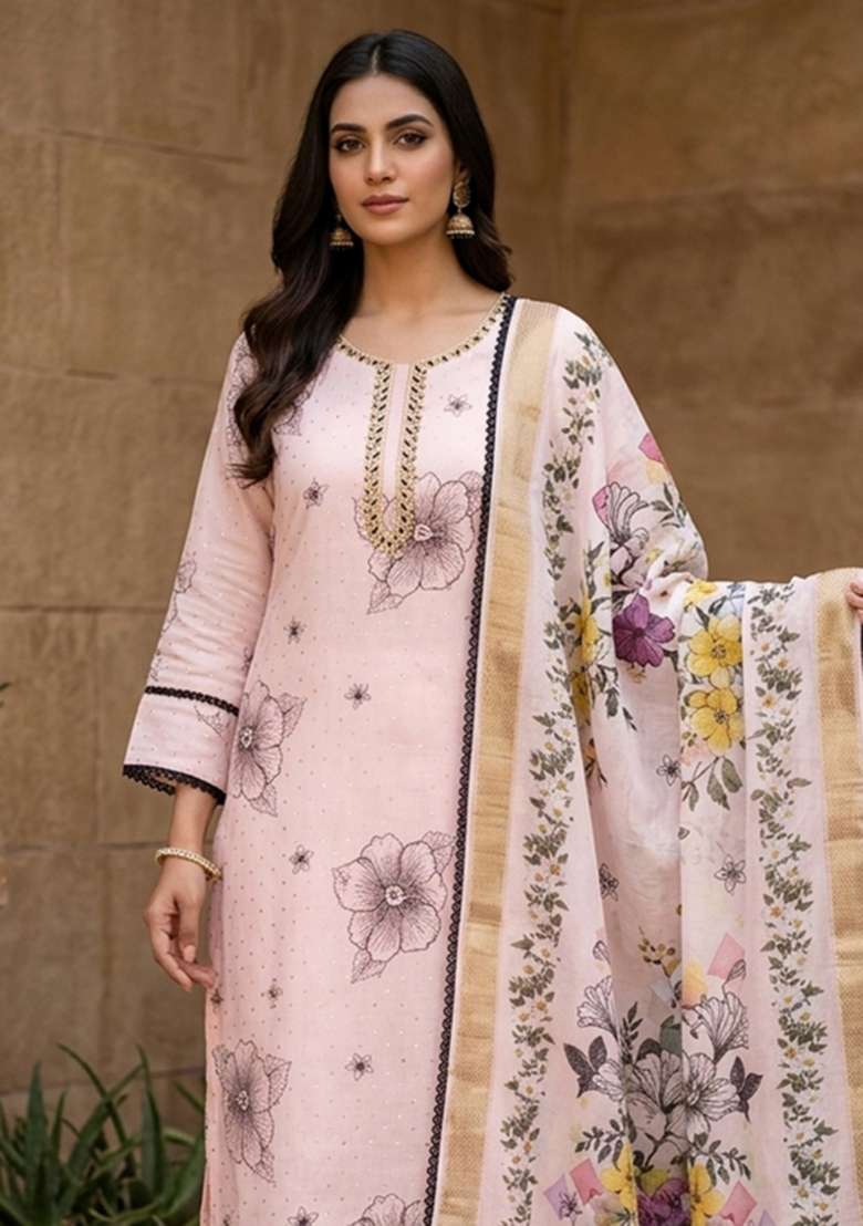 Baby Pink Printed Cotton Kurta Set - Indya