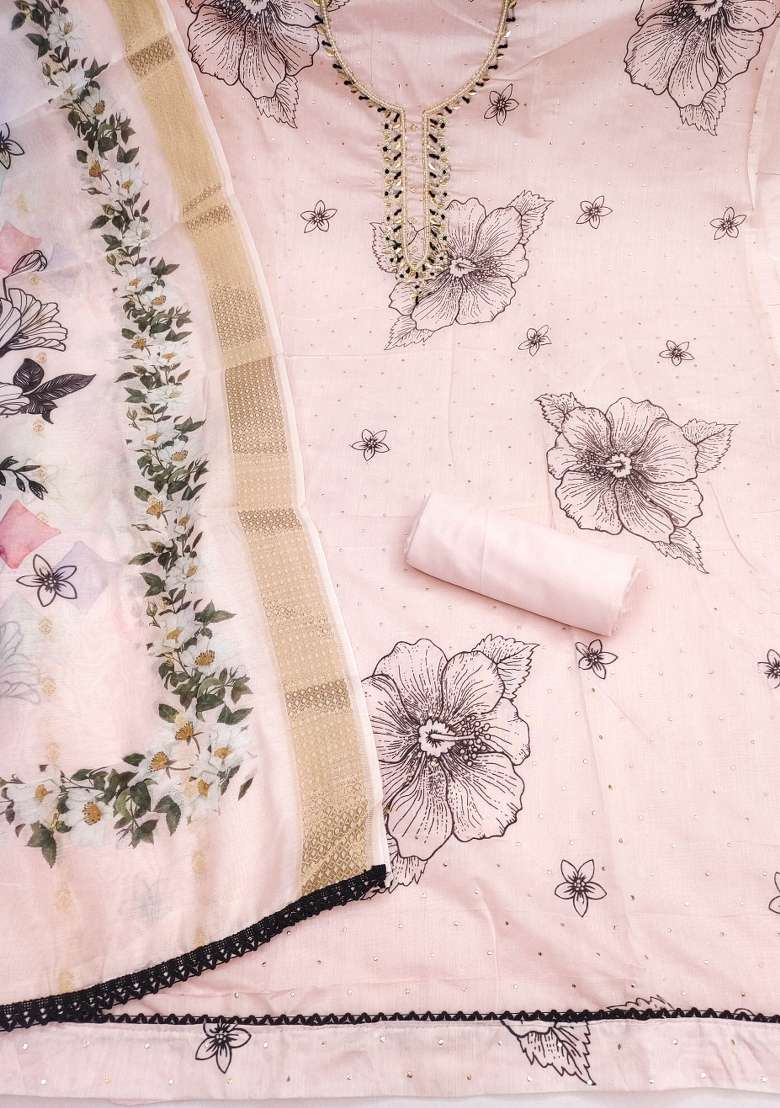 Baby Pink Printed Cotton Kurta Set - Indya