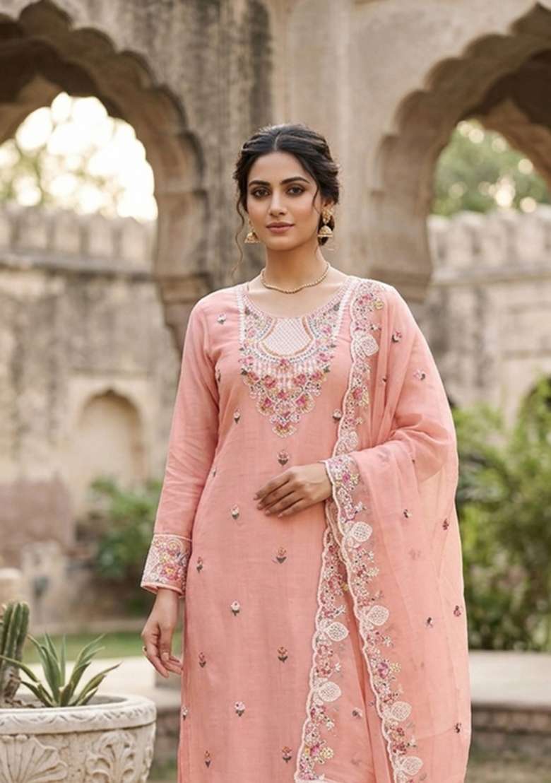 Peach Embroidered Silk Kurta Set - Indya