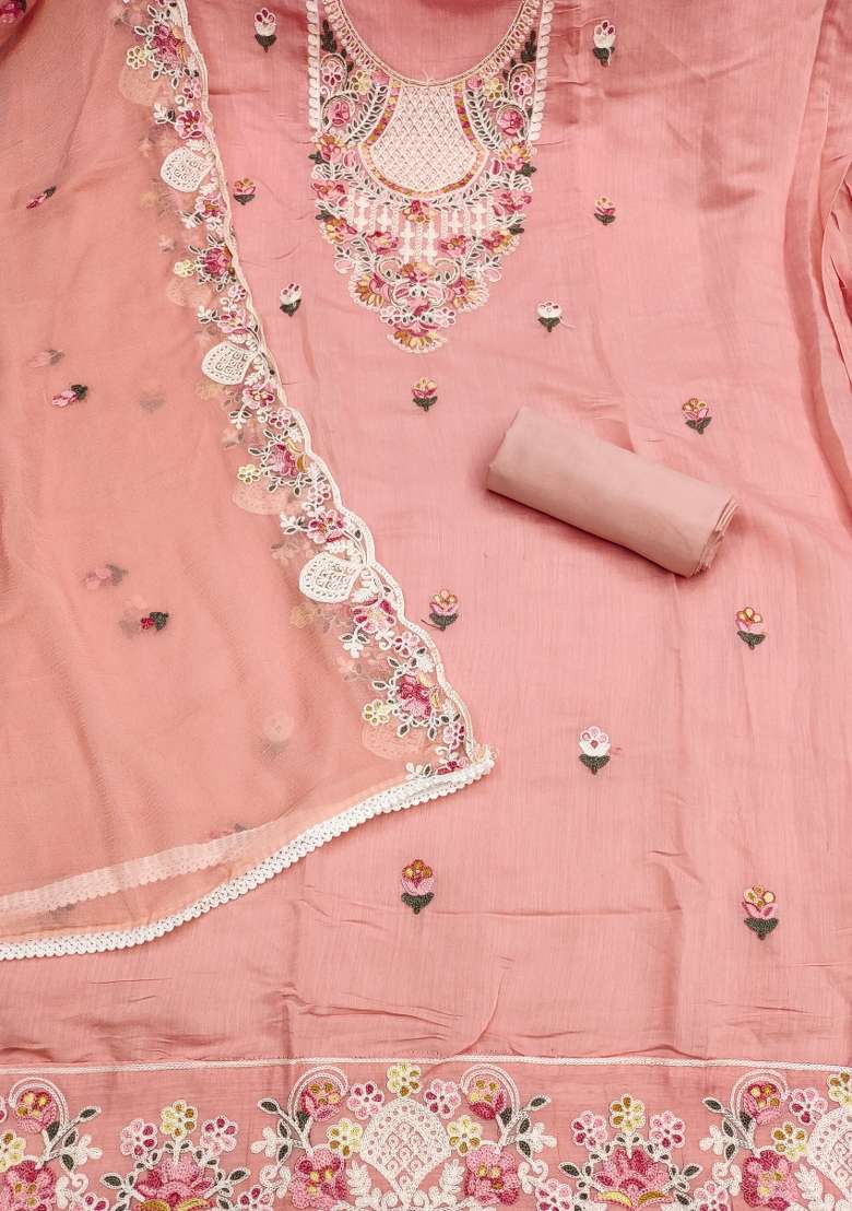 Peach Embroidered Silk Kurta Set - Indya