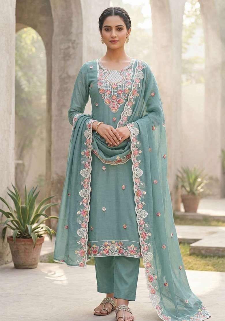 Sea Green Embroidered Silk Kurta Set - Indya