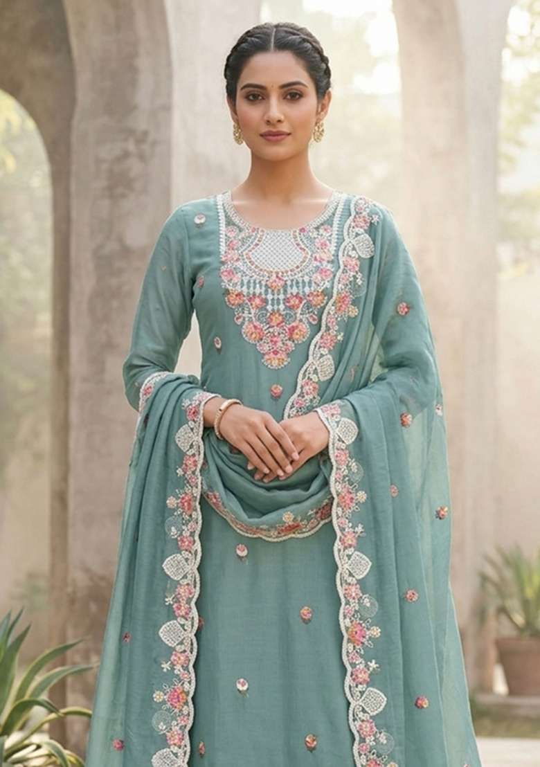 Sea Green Embroidered Silk Kurta Set - Indya
