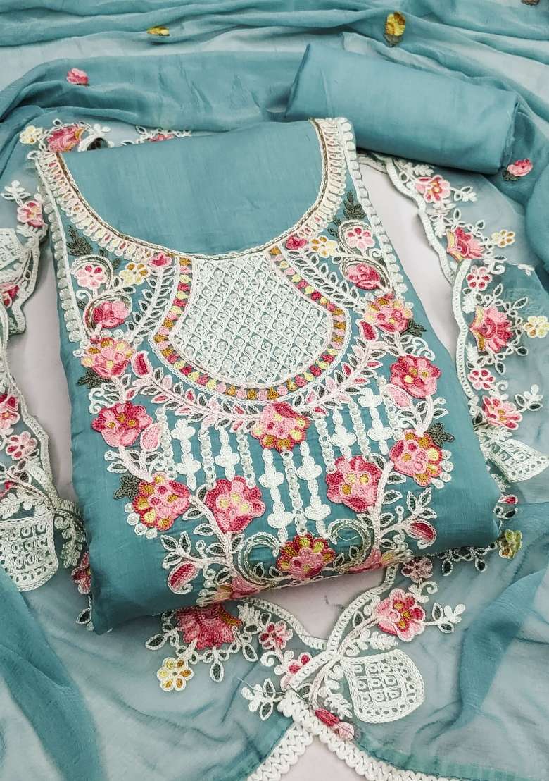 Sea Green Embroidered Silk Kurta Set - Indya