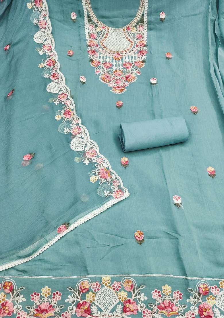 Sea Green Embroidered Silk Kurta Set - Indya