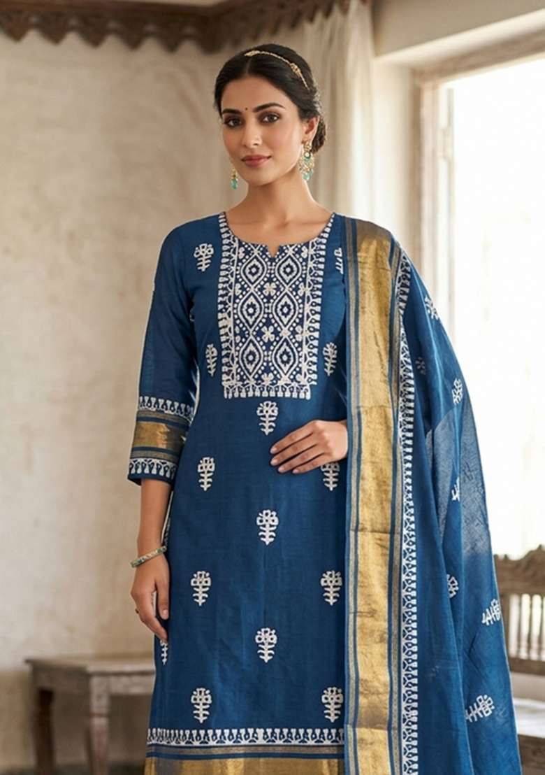 Blue Printed Cotton Kurta Set - Indya