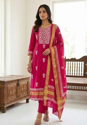 Magenta Printed Cotton Kurta Set