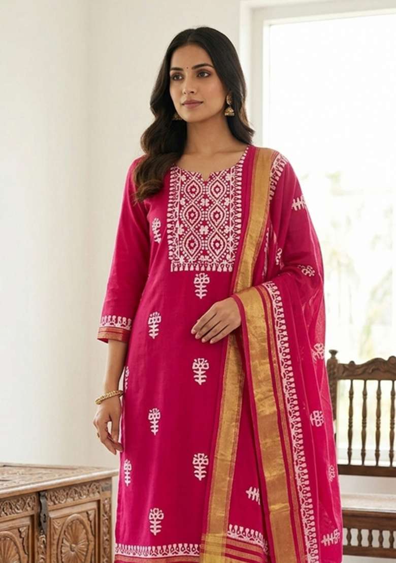 Magenta Printed Cotton Kurta Set - Indya