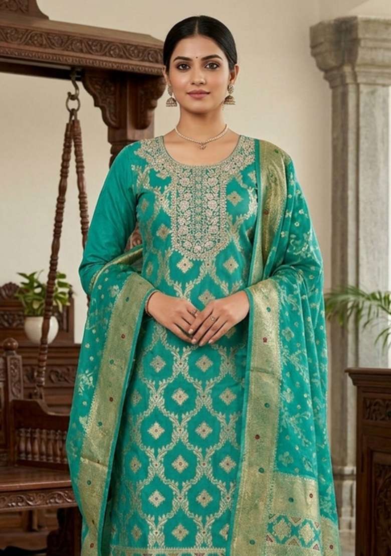 Sea Green Handwork Cotton Kurta Set - Indya