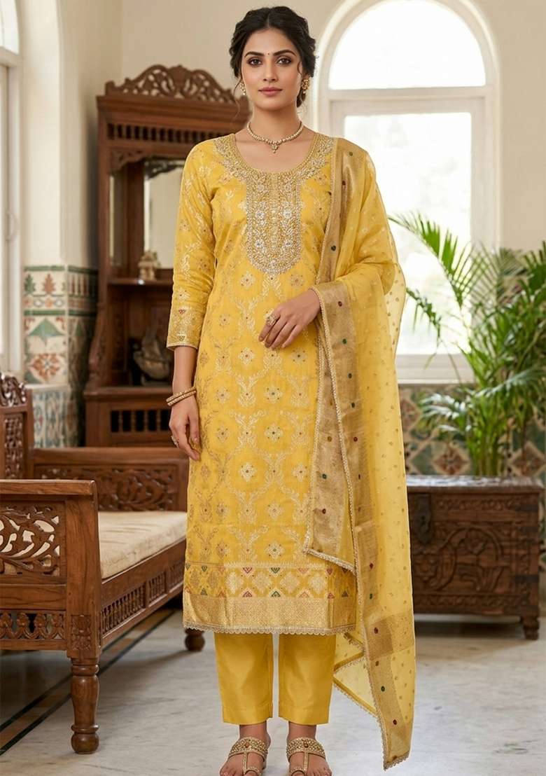 Mustard Handwork Cotton Kurta Set - Indya