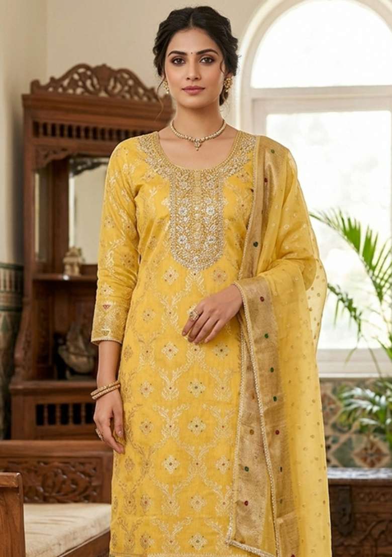 Mustard Handwork Cotton Kurta Set - Indya