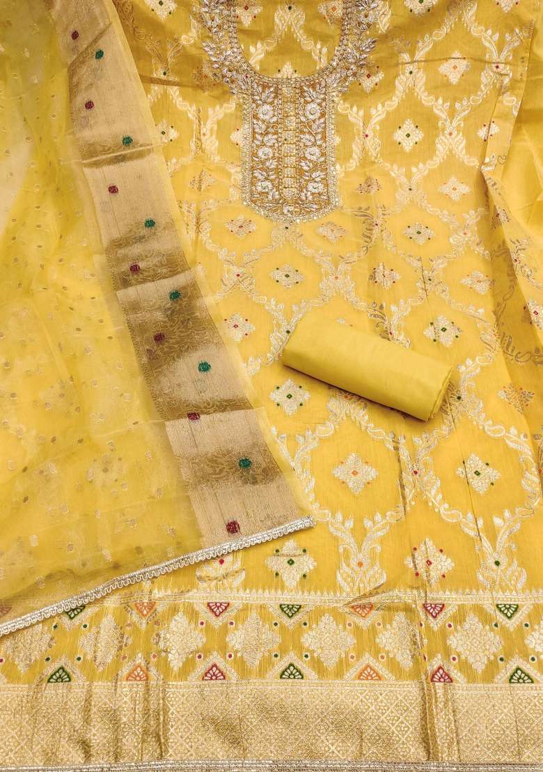 Mustard Handwork Cotton Kurta Set - Indya