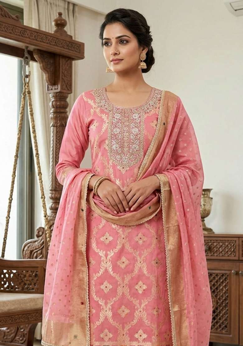 Pink Handwork Cotton Kurta Set - Indya