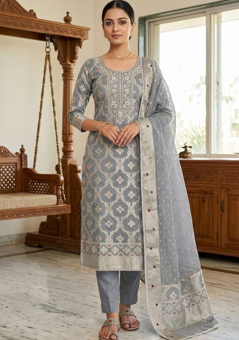Grey Handwork Cotton Kurta Set - Indya