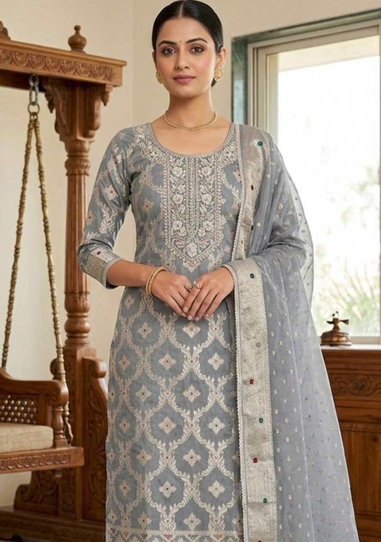 Grey Handwork Cotton Kurta Set - Indya