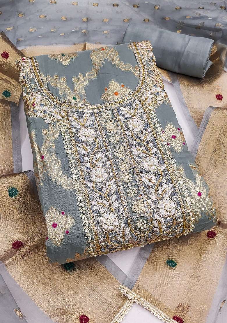 Grey Handwork Cotton Kurta Set - Indya