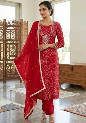 Red Printed Cotton Kurta Set