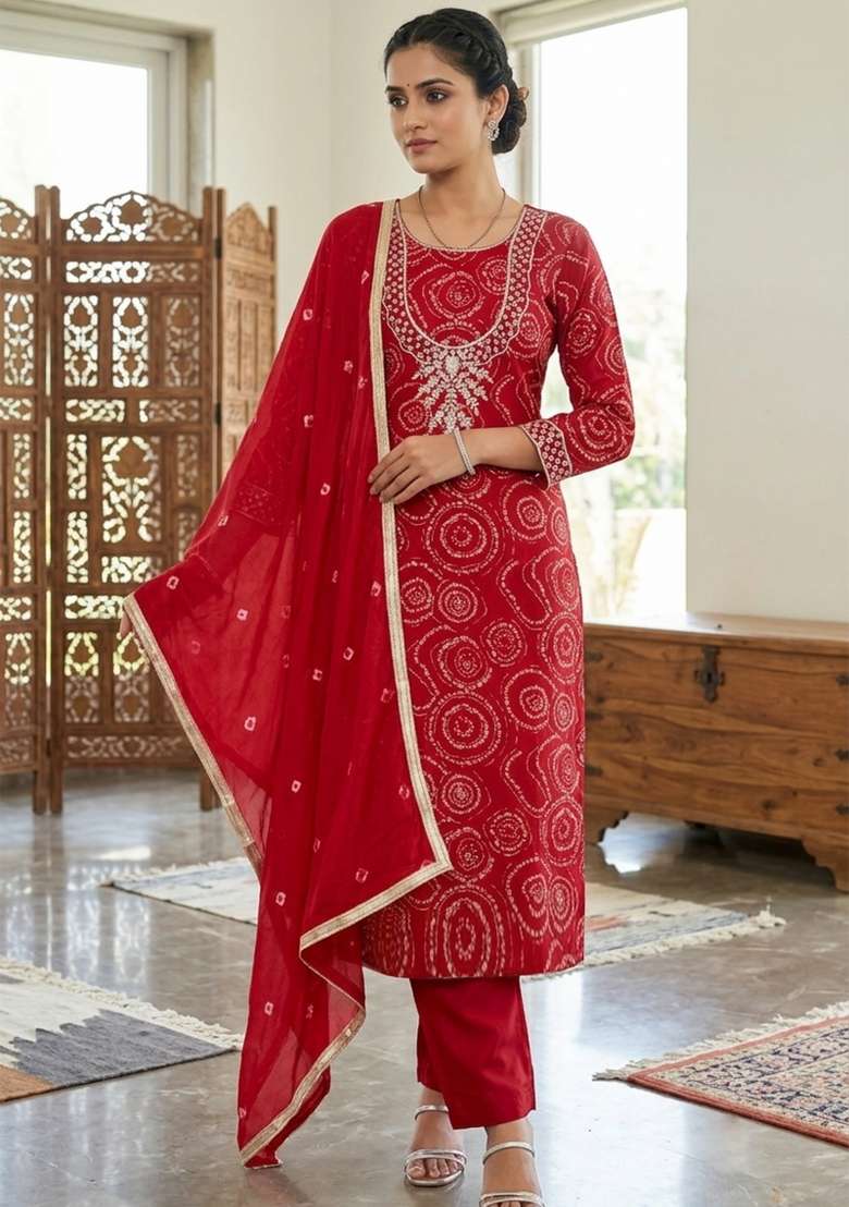 Red Printed Cotton Kurta Set - Indya