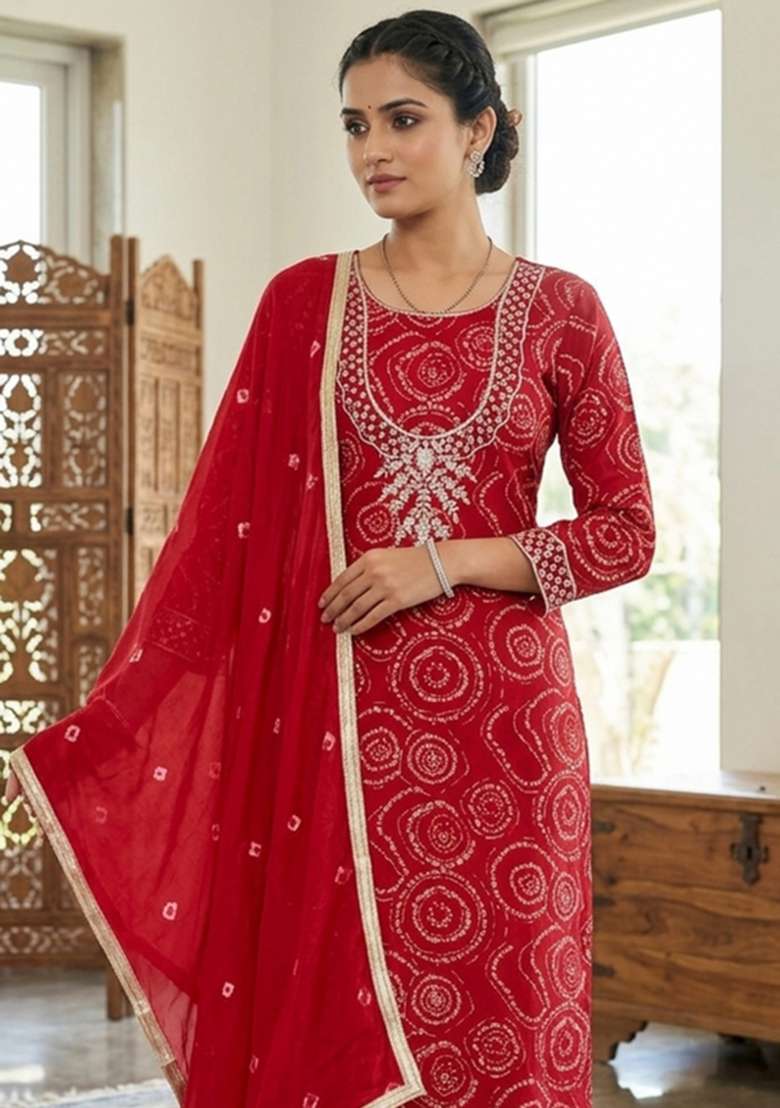 Red Printed Cotton Kurta Set - Indya
