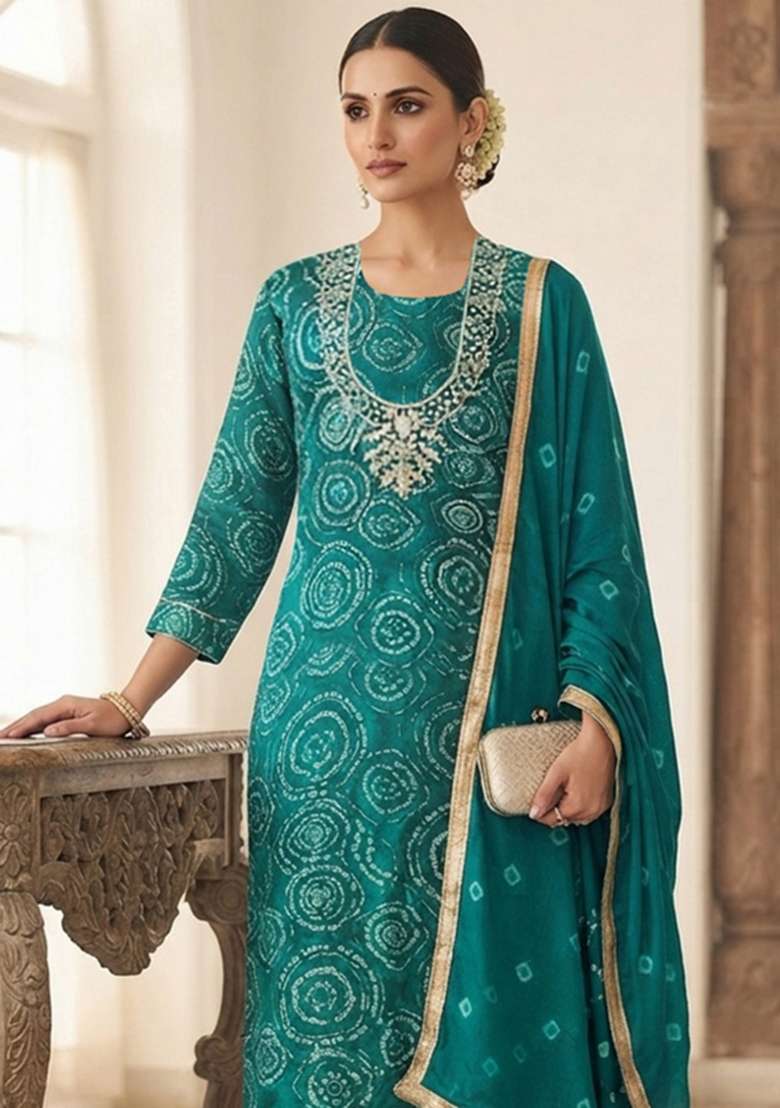 Green Printed Cotton Kurta Set - Indya