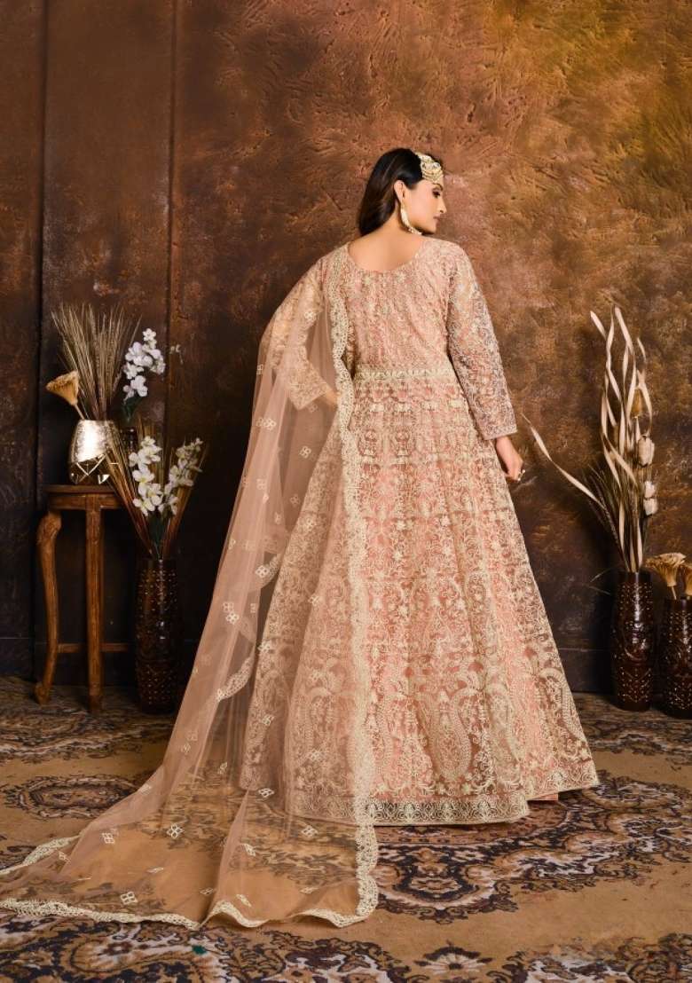 Peach Embroidered Net Anarkali Set - Indya