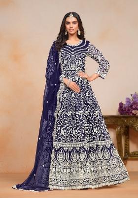 Navy Blue Embroidered Net Anarkali Set