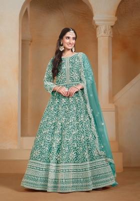 Sea Green Embroidered Net Anarkali Set