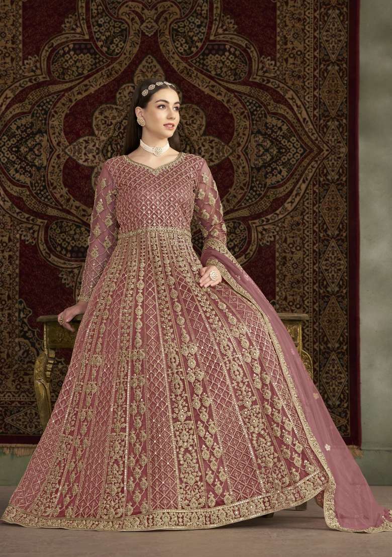 Peach Embroidered Net Anarkali With Dupatta - Indya