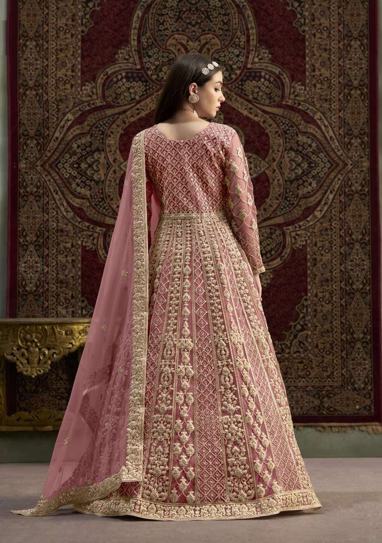 Peach Embroidered Net Anarkali With Dupatta - Indya