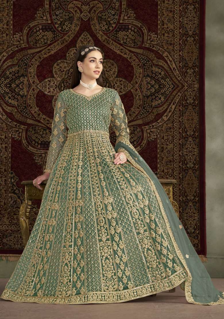 Green Embroidered Net Anarkali With Dupatta - Indya