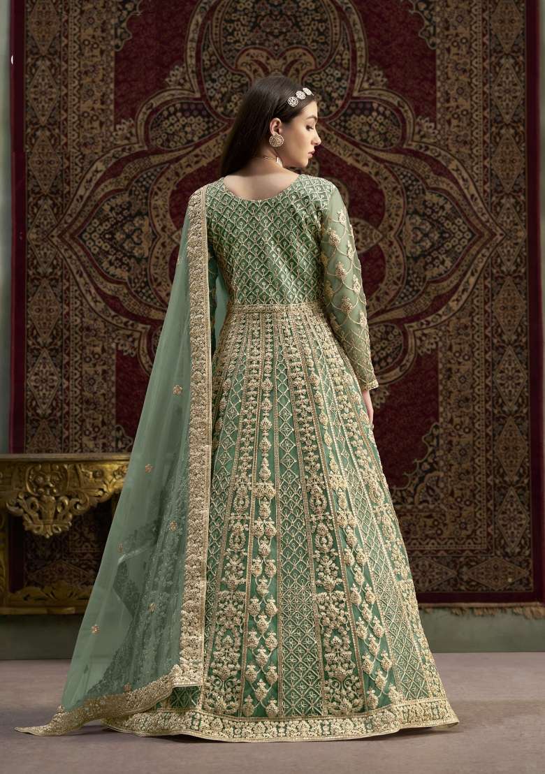 Green Embroidered Net Anarkali With Dupatta - Indya