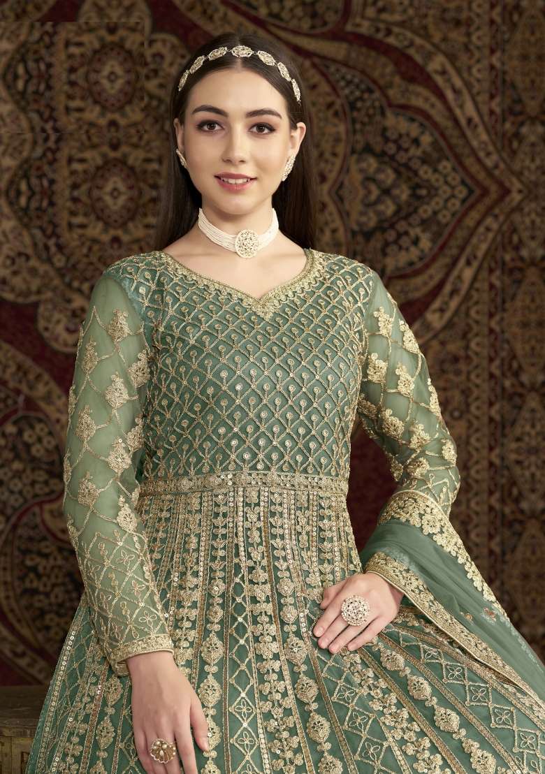 Green Embroidered Net Anarkali With Dupatta - Indya
