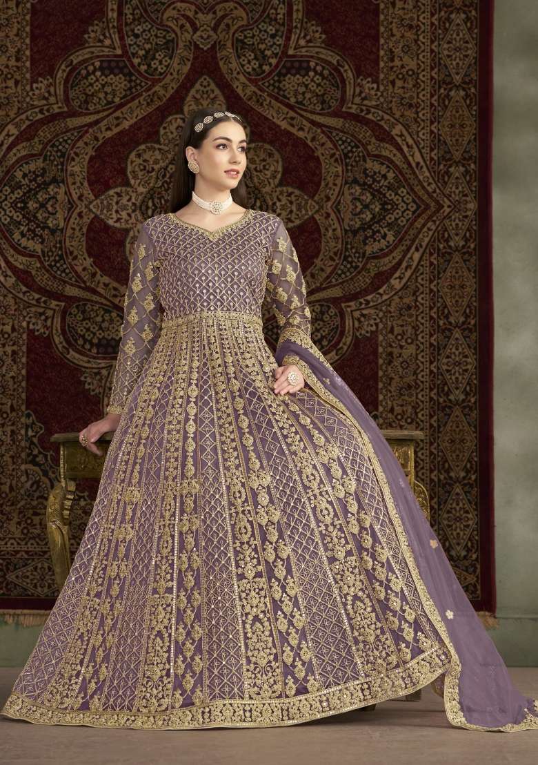 Purple Embroidered Net Anarkali With Dupatta - Indya