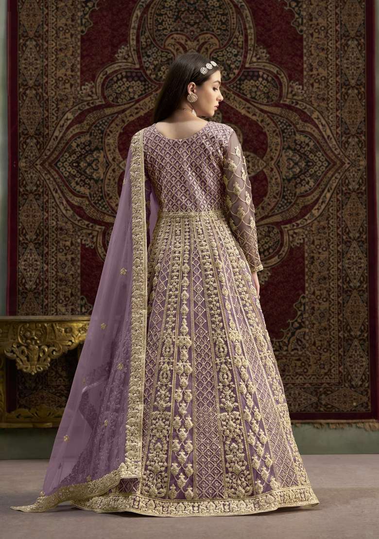 Purple Embroidered Net Anarkali With Dupatta - Indya