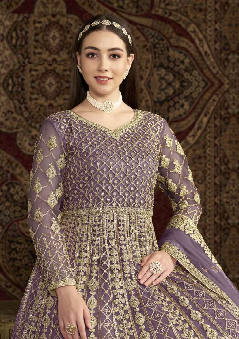 Purple Embroidered Net Anarkali With Dupatta - Indya