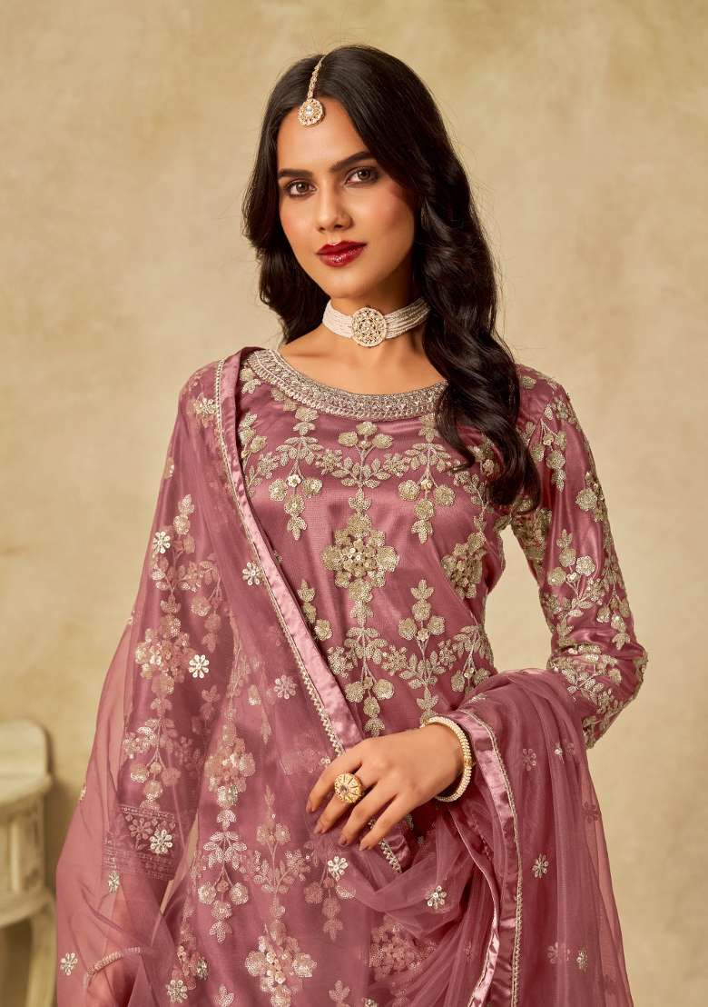 Brown Embroidered Net Kurta Set - Indya